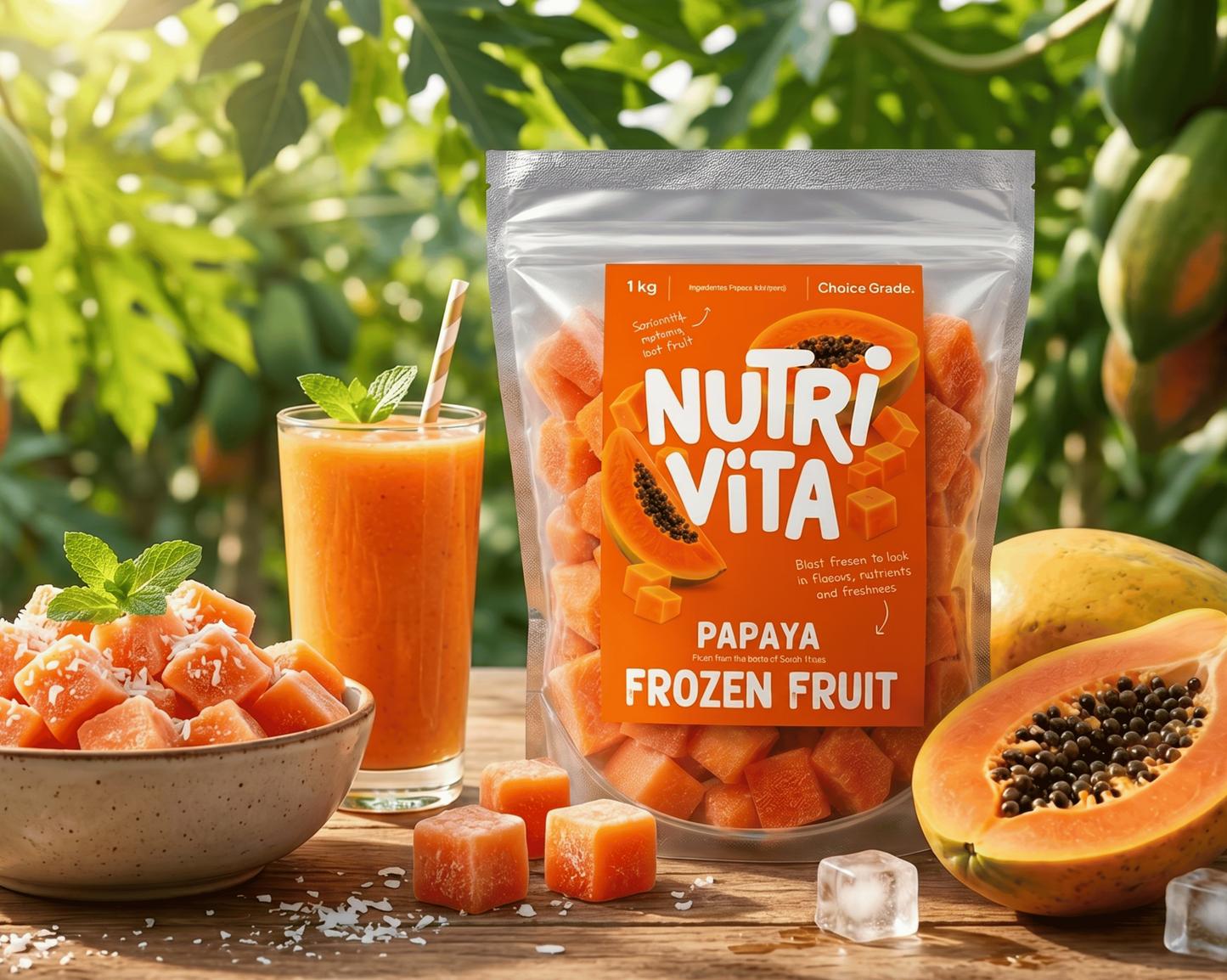 NutriVita papaya frozen fruit packaging with papaya cubes, juice, and fresh papaya on a wooden table.