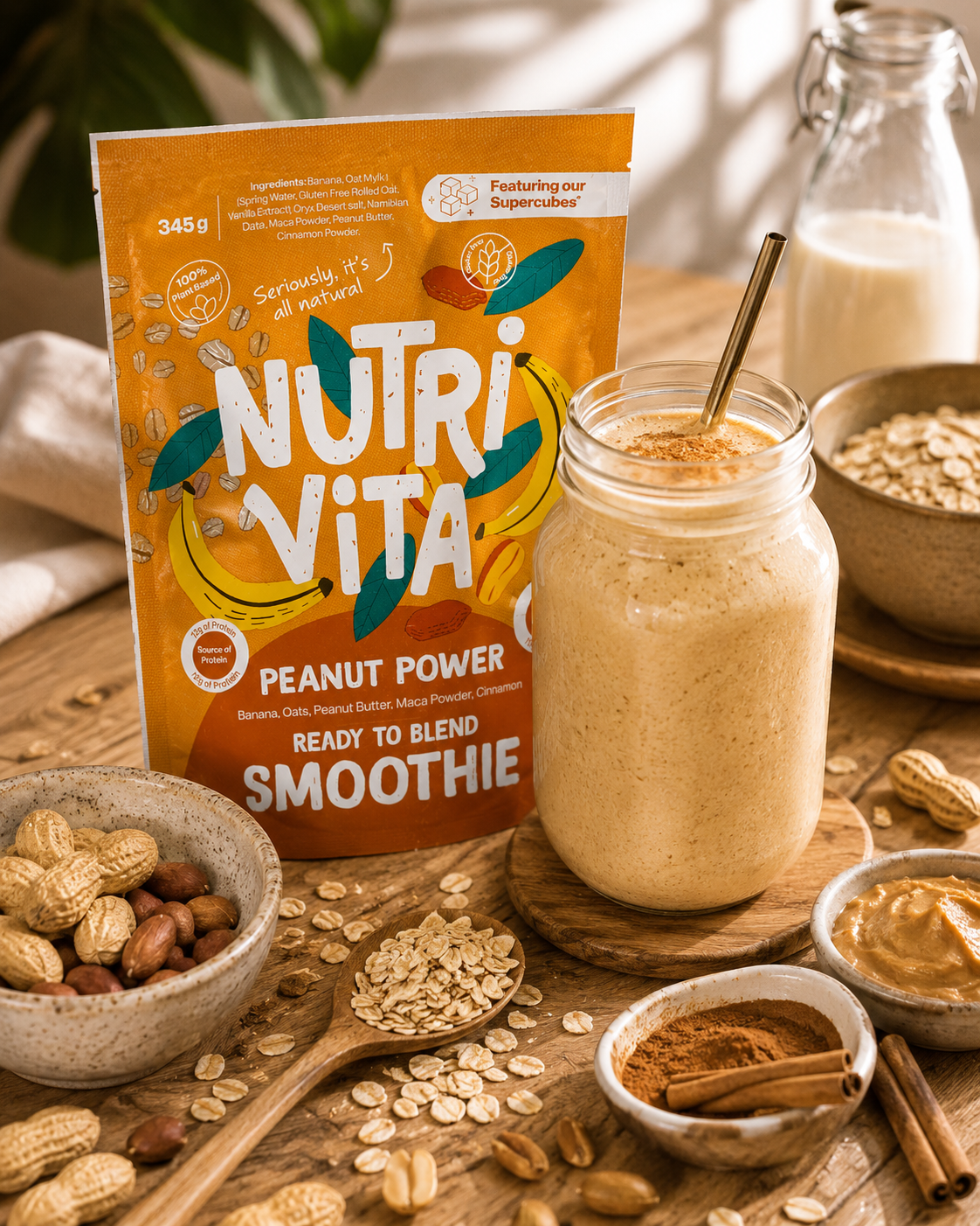 NUTRIVITA Peanut Power smoothie package with a jar of smoothie on a wooden table.