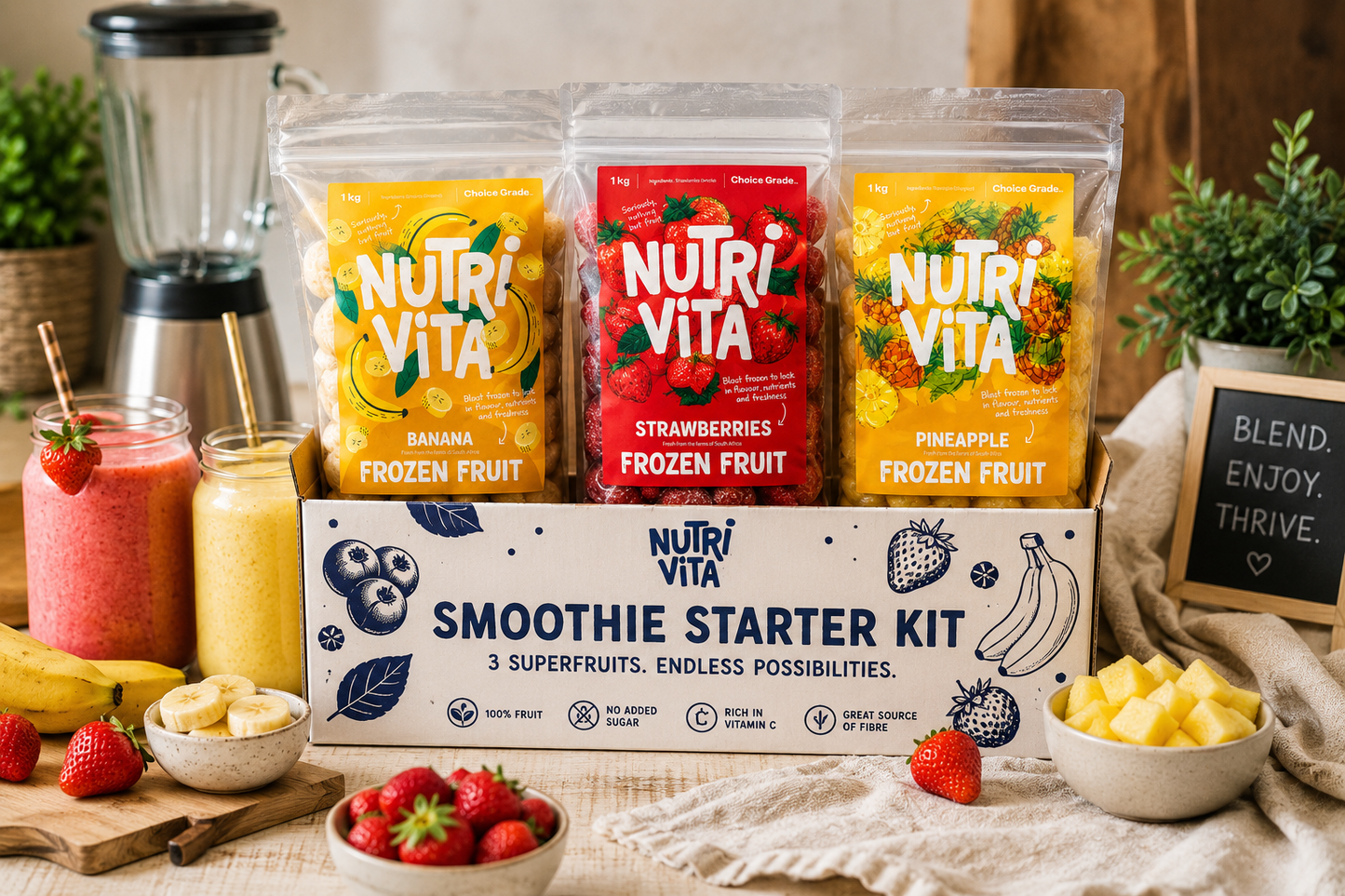 NutriVita smoothie starter kit with frozen fruit packs and smoothie ingredients on a wooden table.