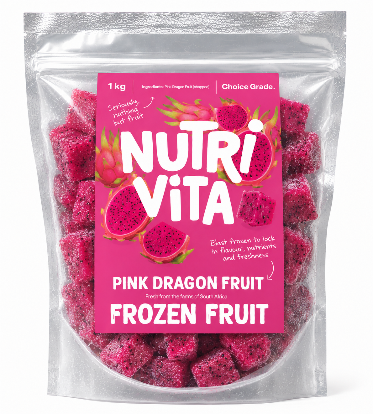 Packaging of NutriVita pink dragon fruit frozen fruit on a white background