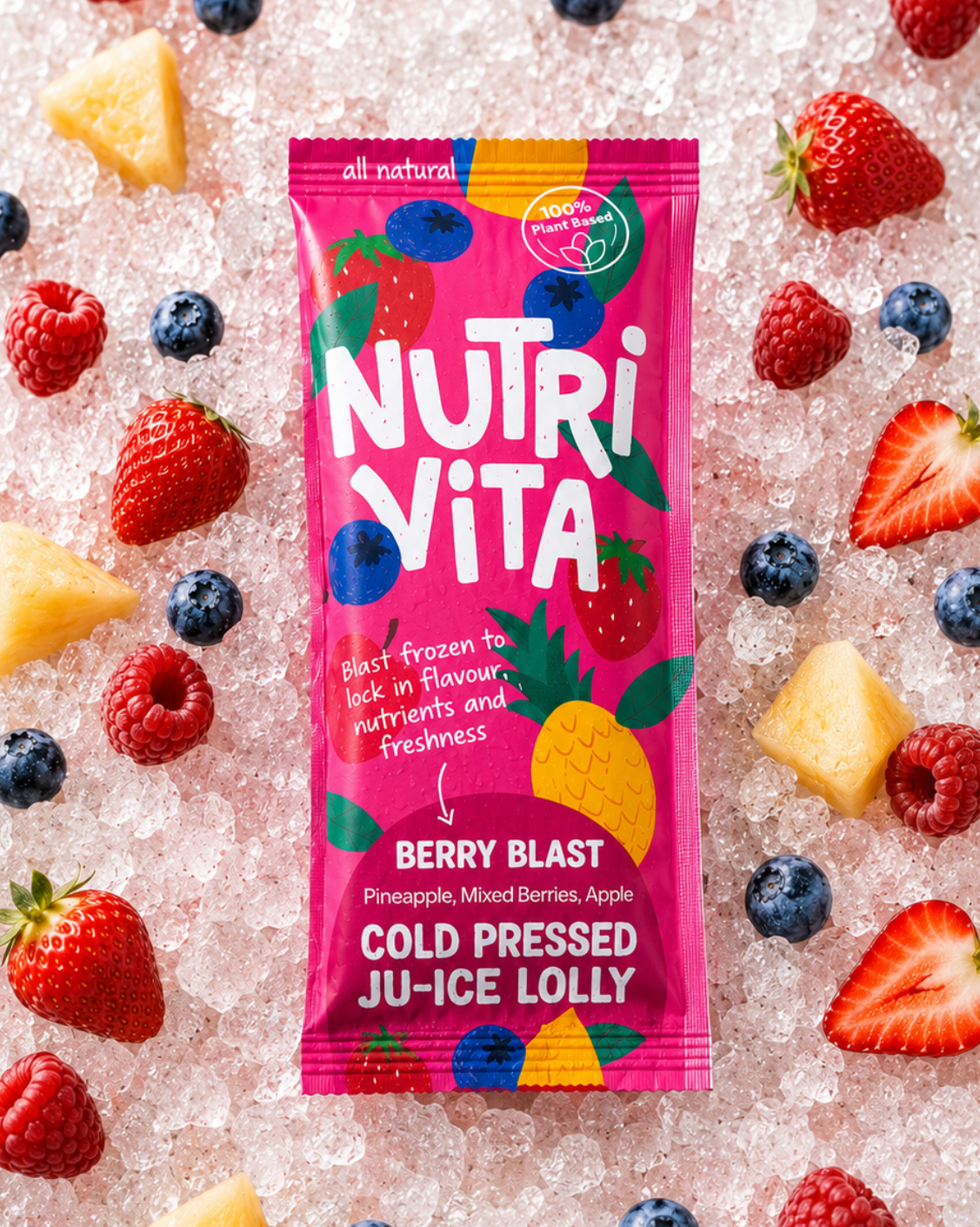 NutriVita Berry Blast cold pressed juice lolly package surrounded by fruits on a ice background
