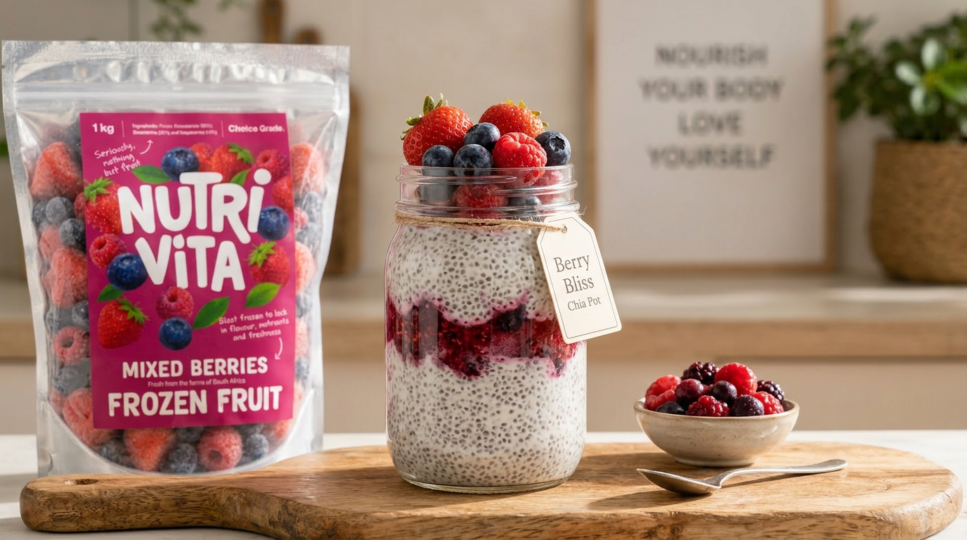 NutriVita mixed berries packaging with a chia seed pudding and bowl of berries on a wooden cutting board.