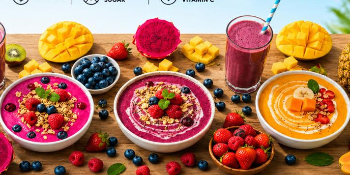 Promotional image of frozen fruit with various fruits and smoothies 