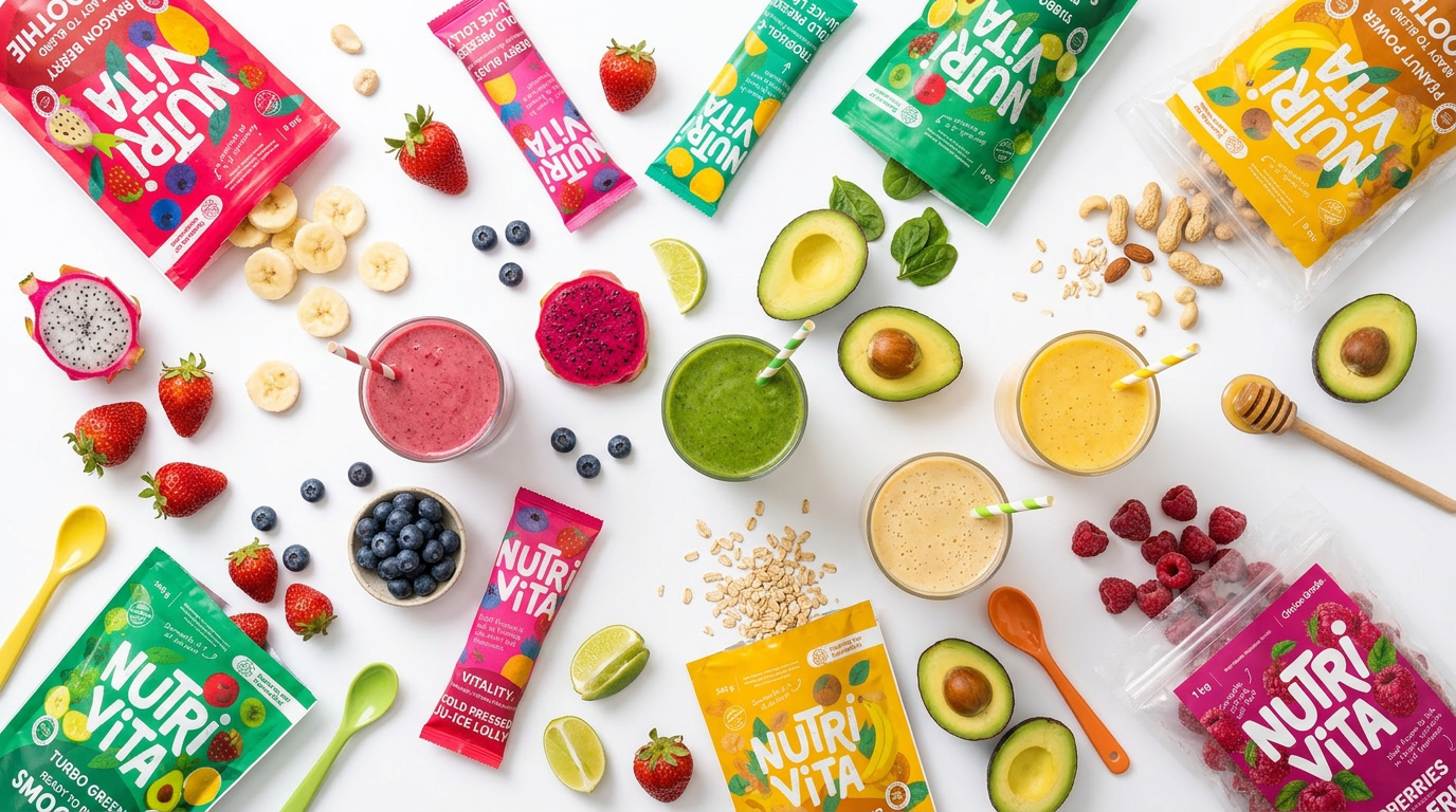 Assorted Nutri-Vita products including packages, smoothies, and fruits on a white background