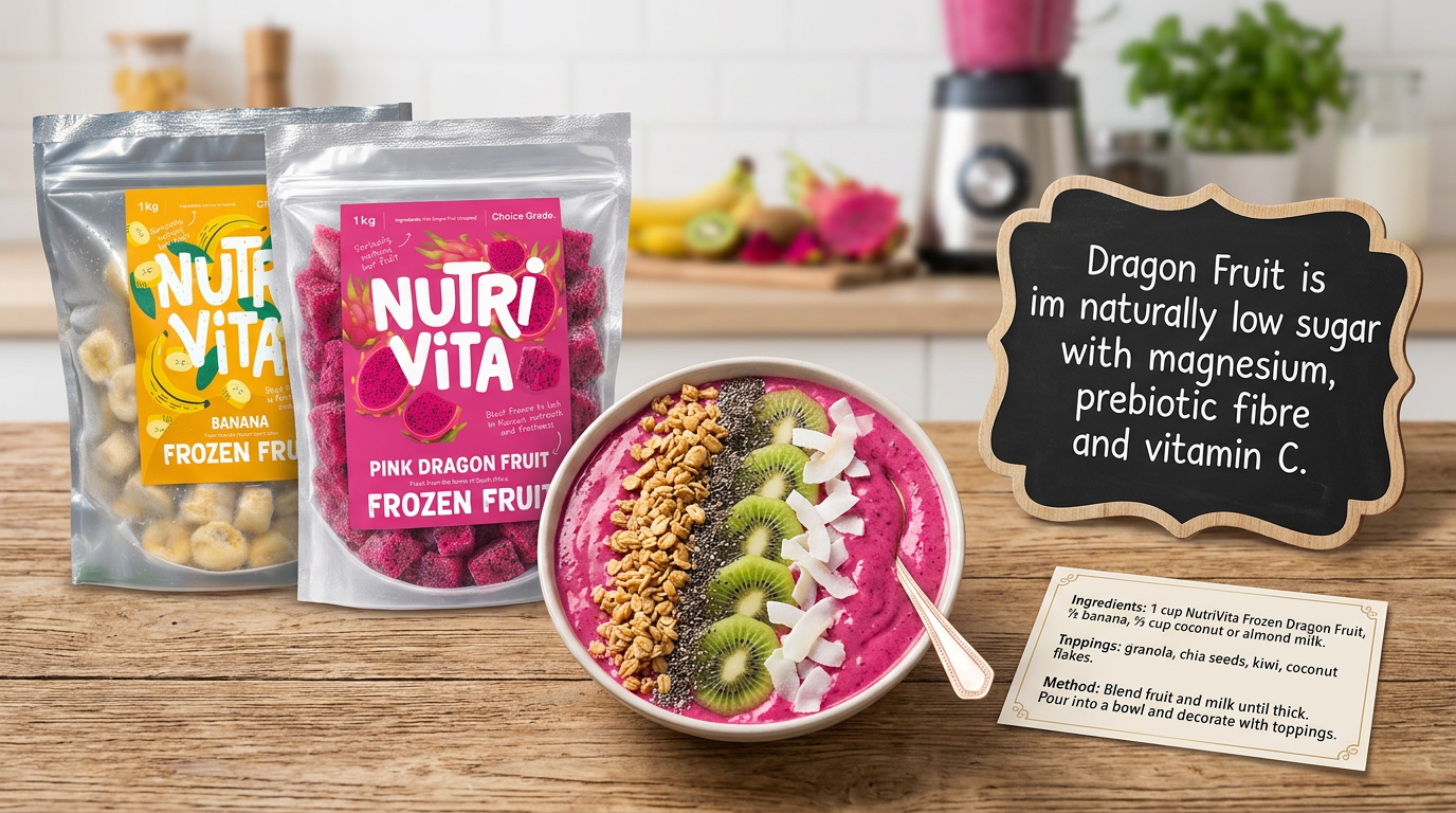 NUTRiVITA frozen fruit packages with a dragon fruit smoothie bowl on a wooden surface.