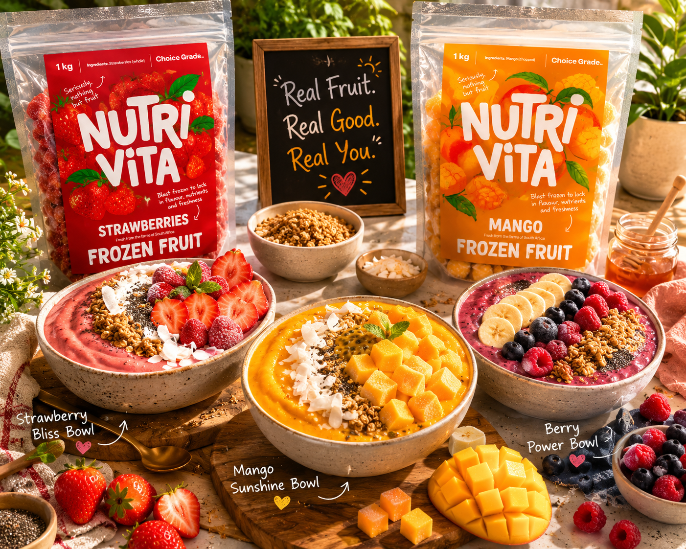Nutri Vita frozen fruit packages with smoothie bowls and ingredients on a wooden table.
