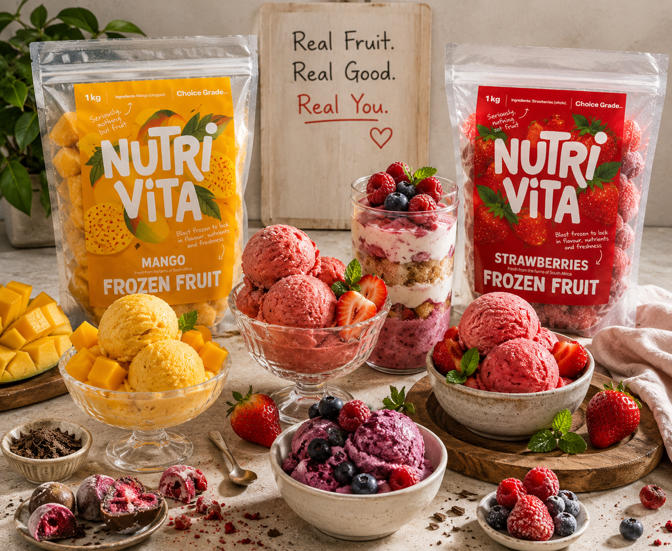 Display of NutriVita frozen fruit packages with ice cream and fruit toppings on a table.