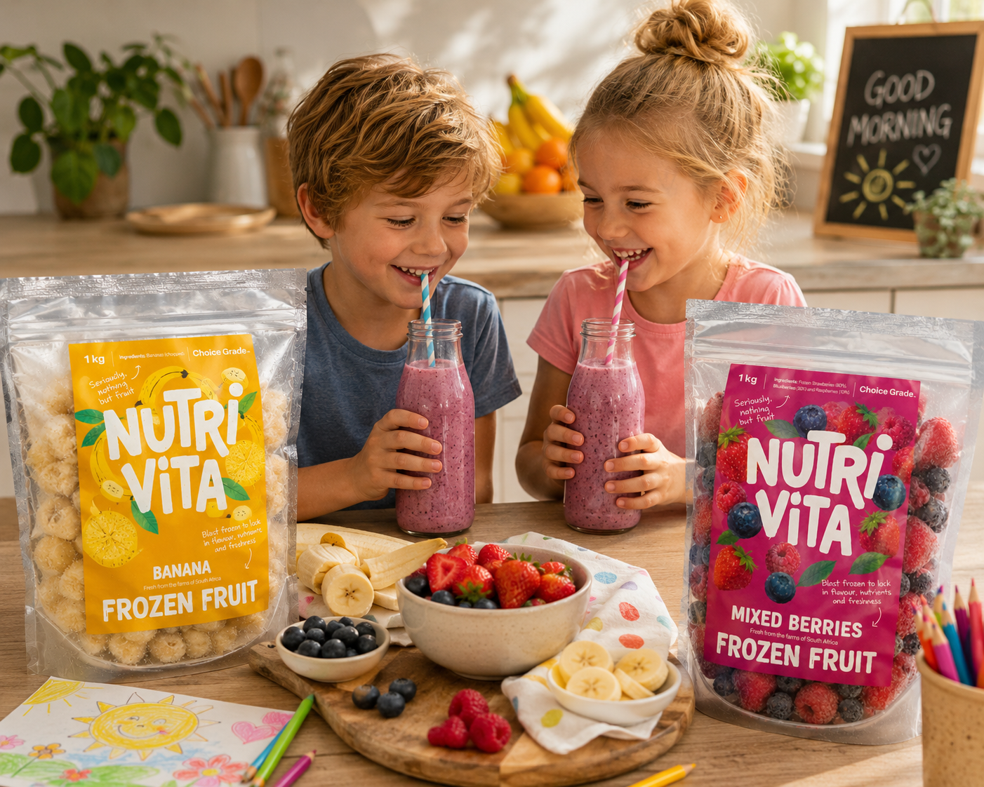 Two children enjoying smoothies with Nutri-Vita frozen fruit packages in a kitchen.