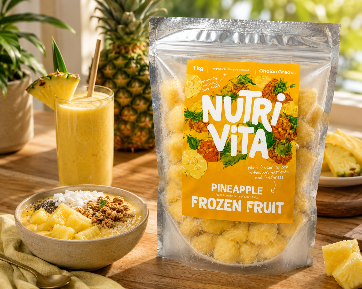 Packaged pineapple frozen fruit with a smoothie and bowl of yogurt on a wooden table.