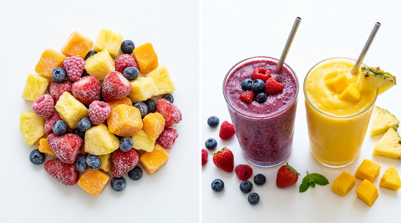 Fruit salad and two smoothies with fruits on a white background
