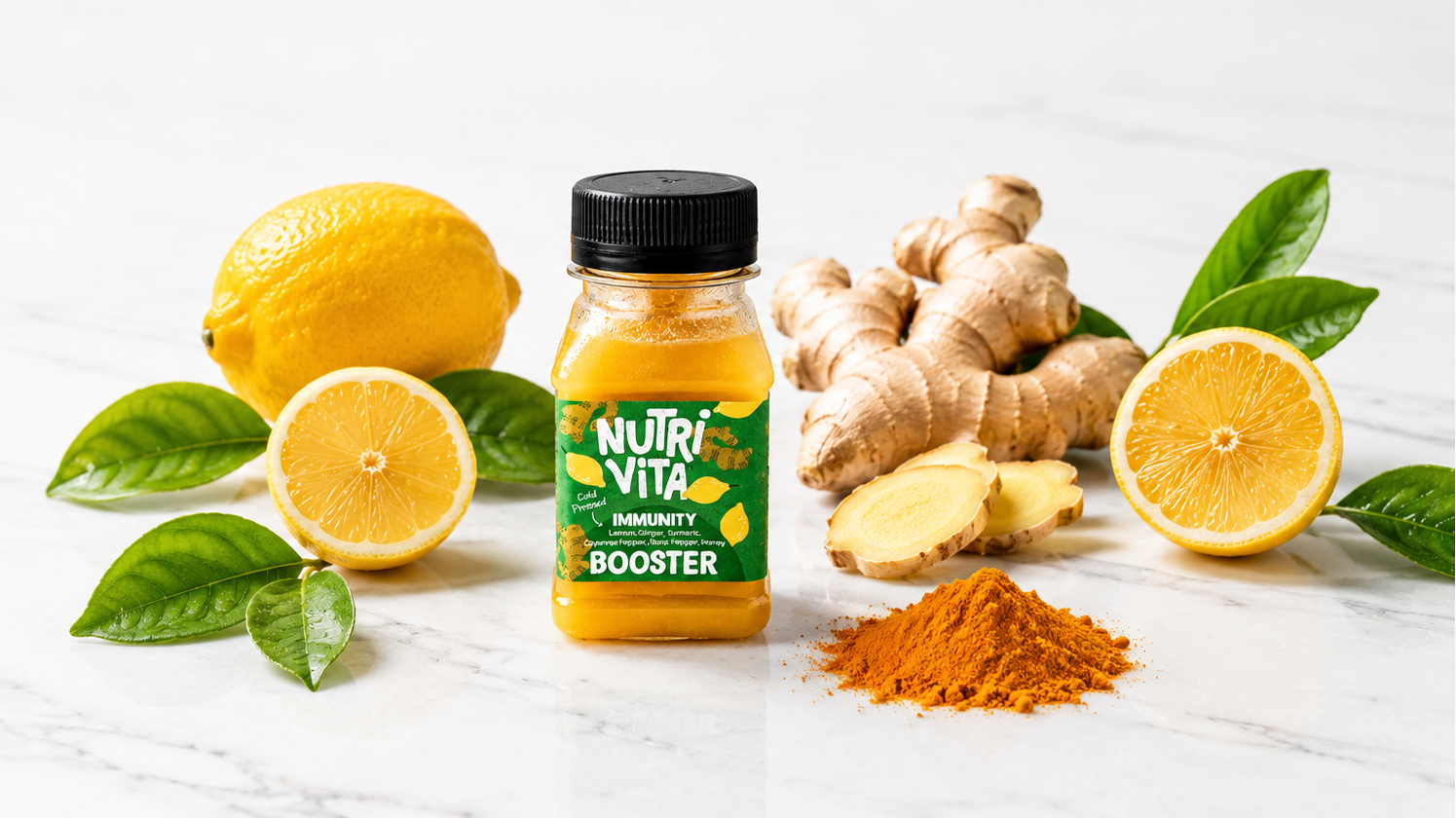 NutriVita immunity booster bottle with lemons, ginger, and turmeric on a white background