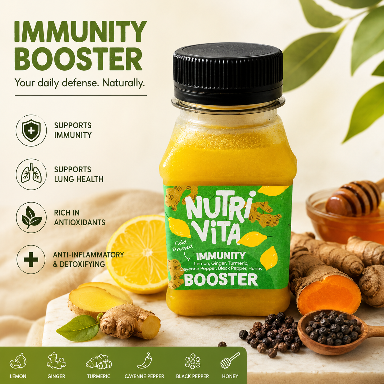 NutriVita immunity booster bottle with ingredients and benefits on a light background