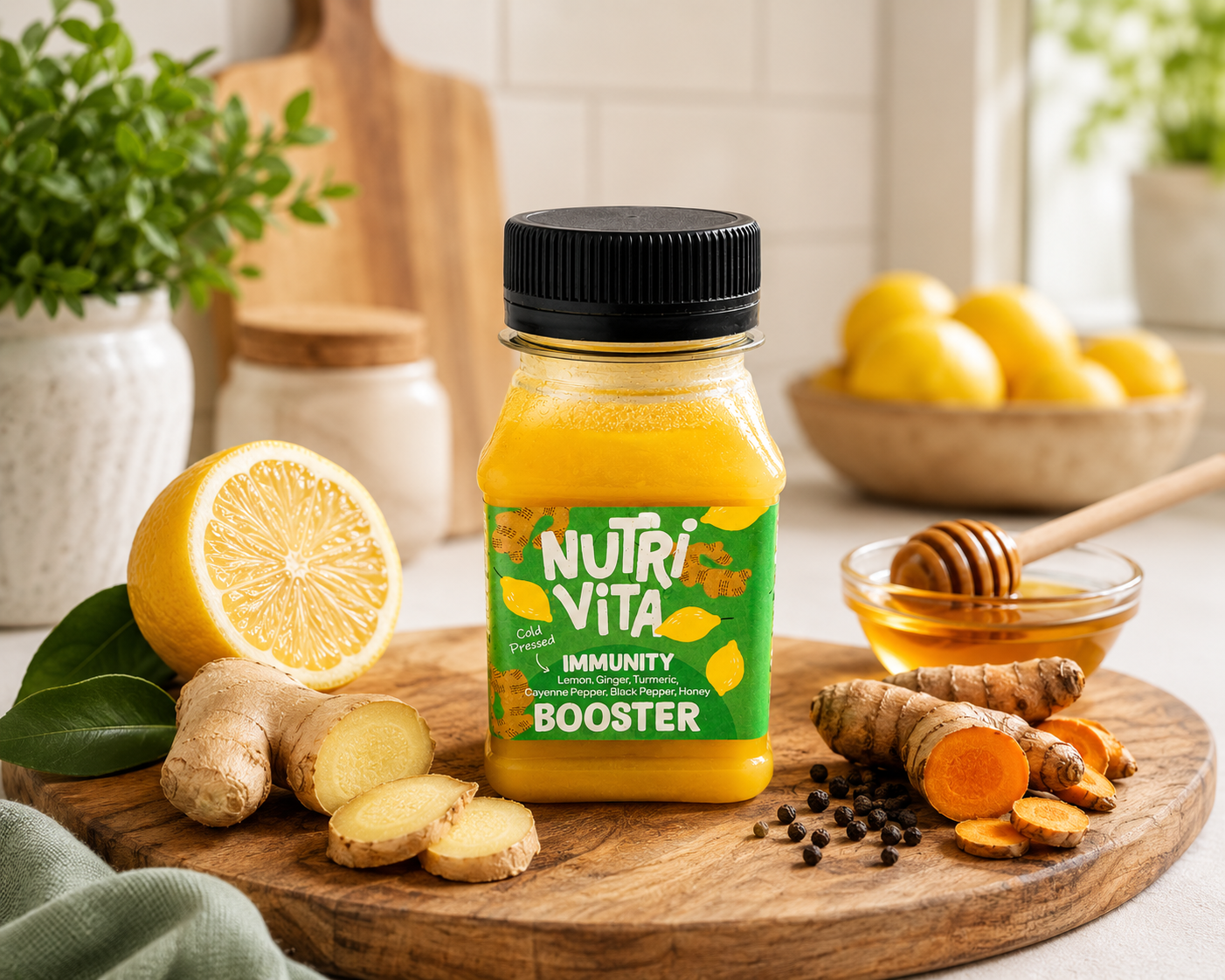 NutriVita immunity booster jar on a wooden board with lemons, ginger, and honey.