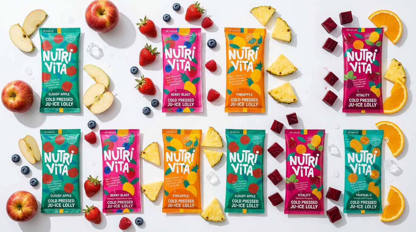 Nutri-Vita fruit snacks with various flavors on a white background