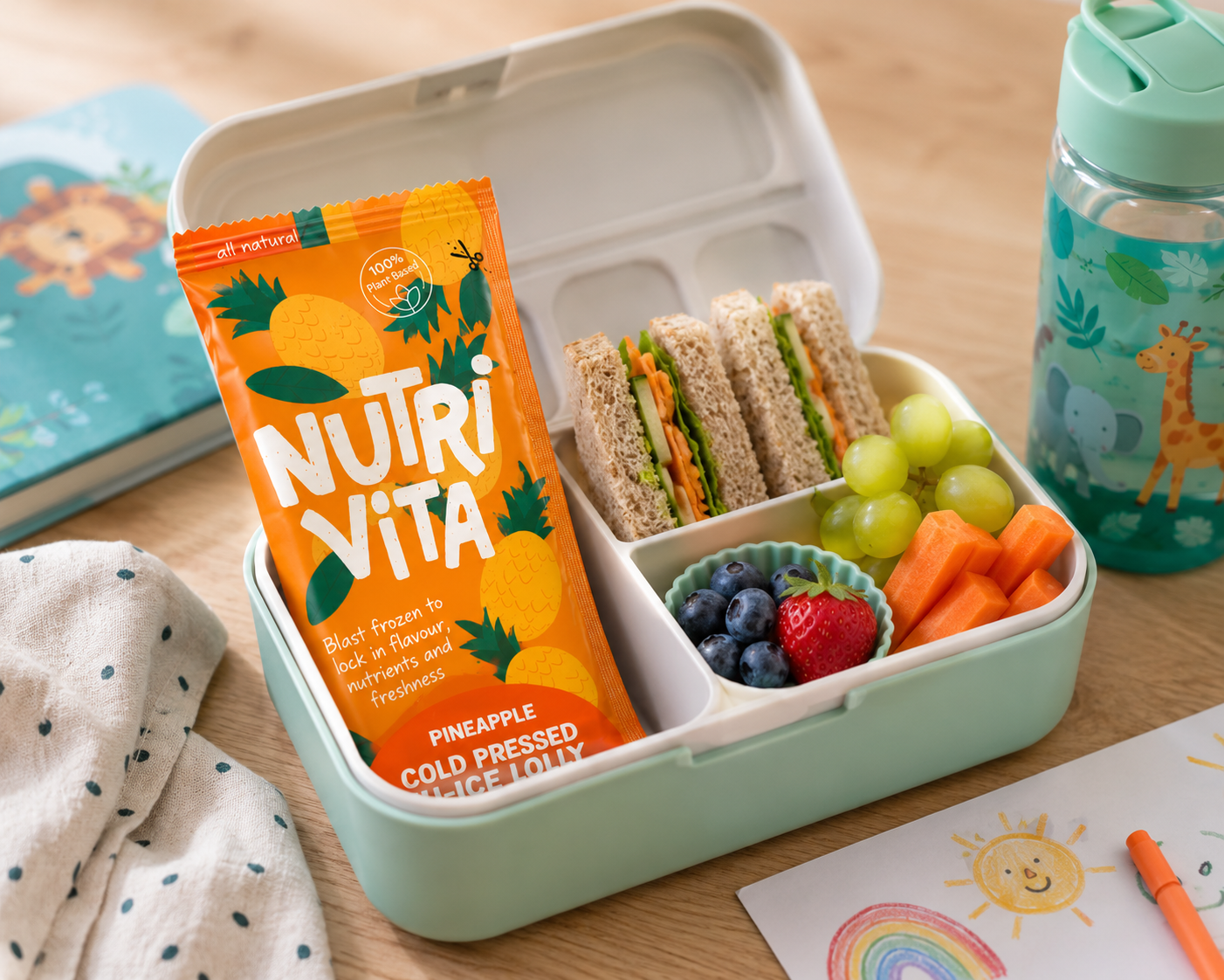 Lunchbox with NutriVita juice pack, sandwiches, fruits, and a water bottle on a wooden table.