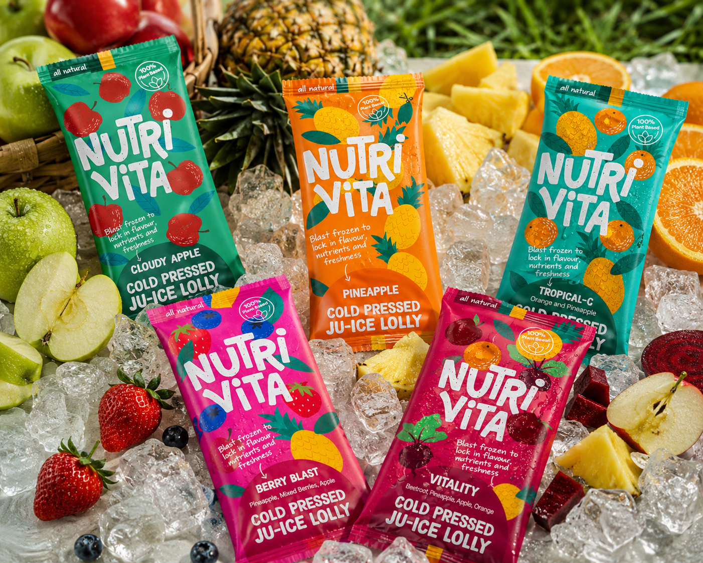 NutriVita juice lolly packages with fruits on a bed of ice