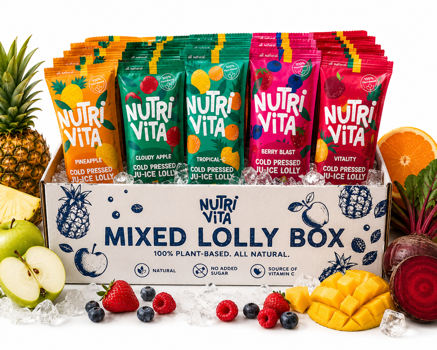 NutriVita Mixed Lolly Box with various fruit-themed lollipops and a pineapple, apple, orange, and beetroot on a white background.