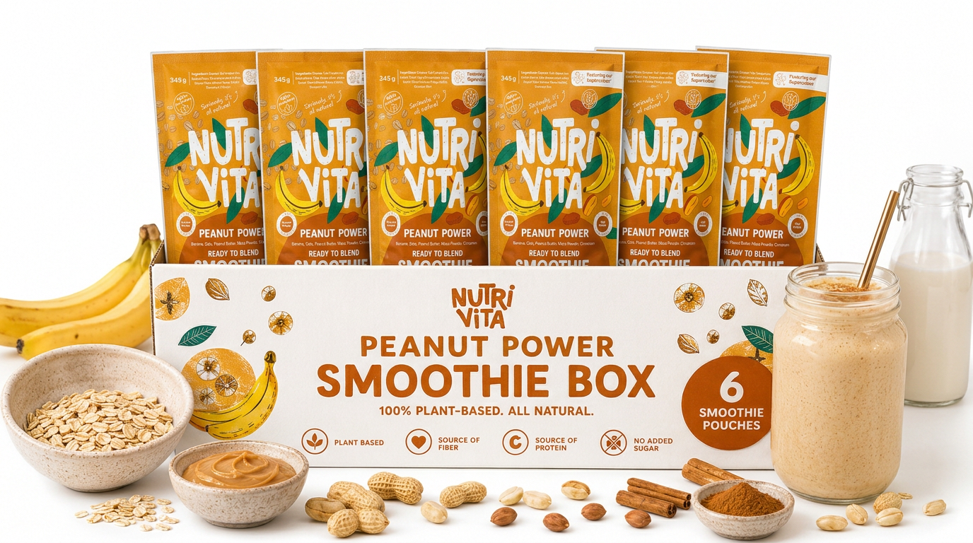 NutriVita Peanut Power Smoothie Box with smoothie ingredients and a smoothie in a jar.