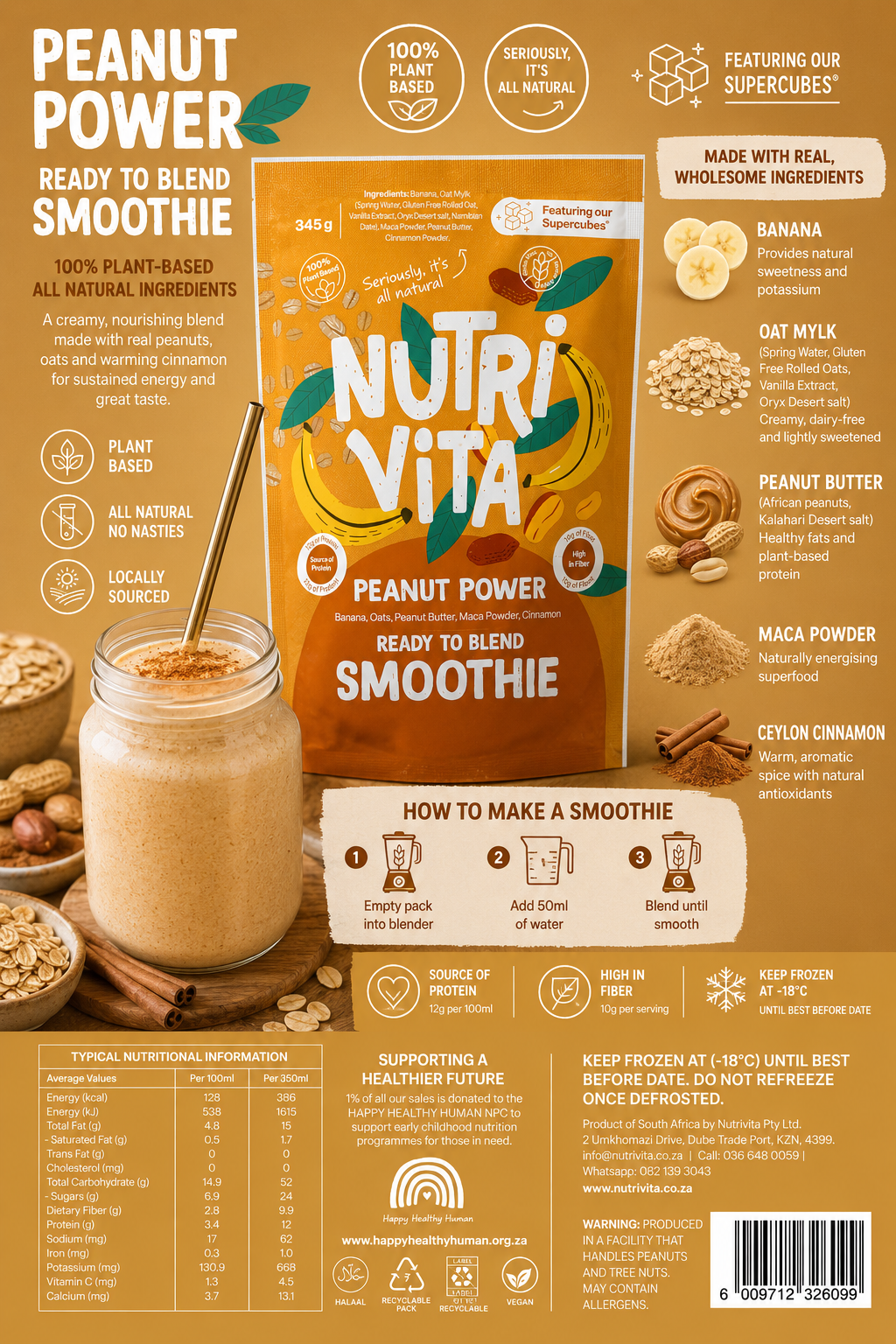 NutriVita Peanut Power smoothie packaging with ingredients and preparation instructions on a brown background