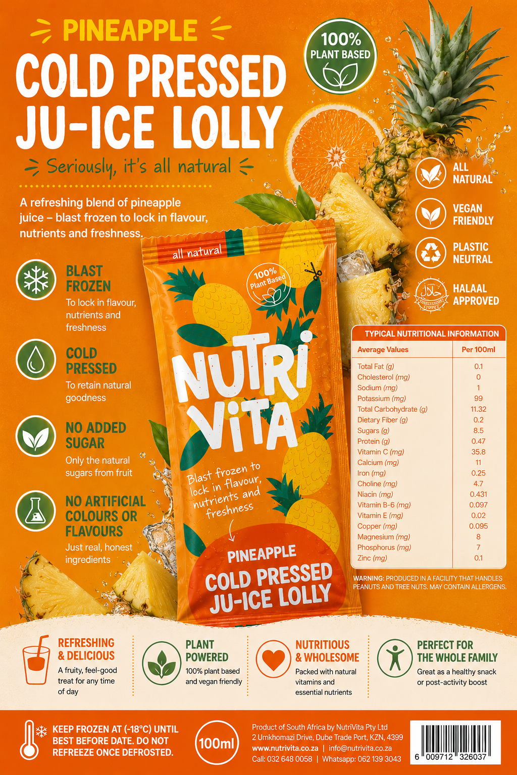 NutriVita Pineapple Cold Pressed Ju-Ice Lolly packaging with nutritional information and branding details.