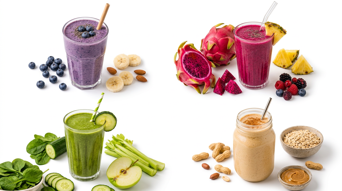 Four different smoothies with their ingredients on a white background