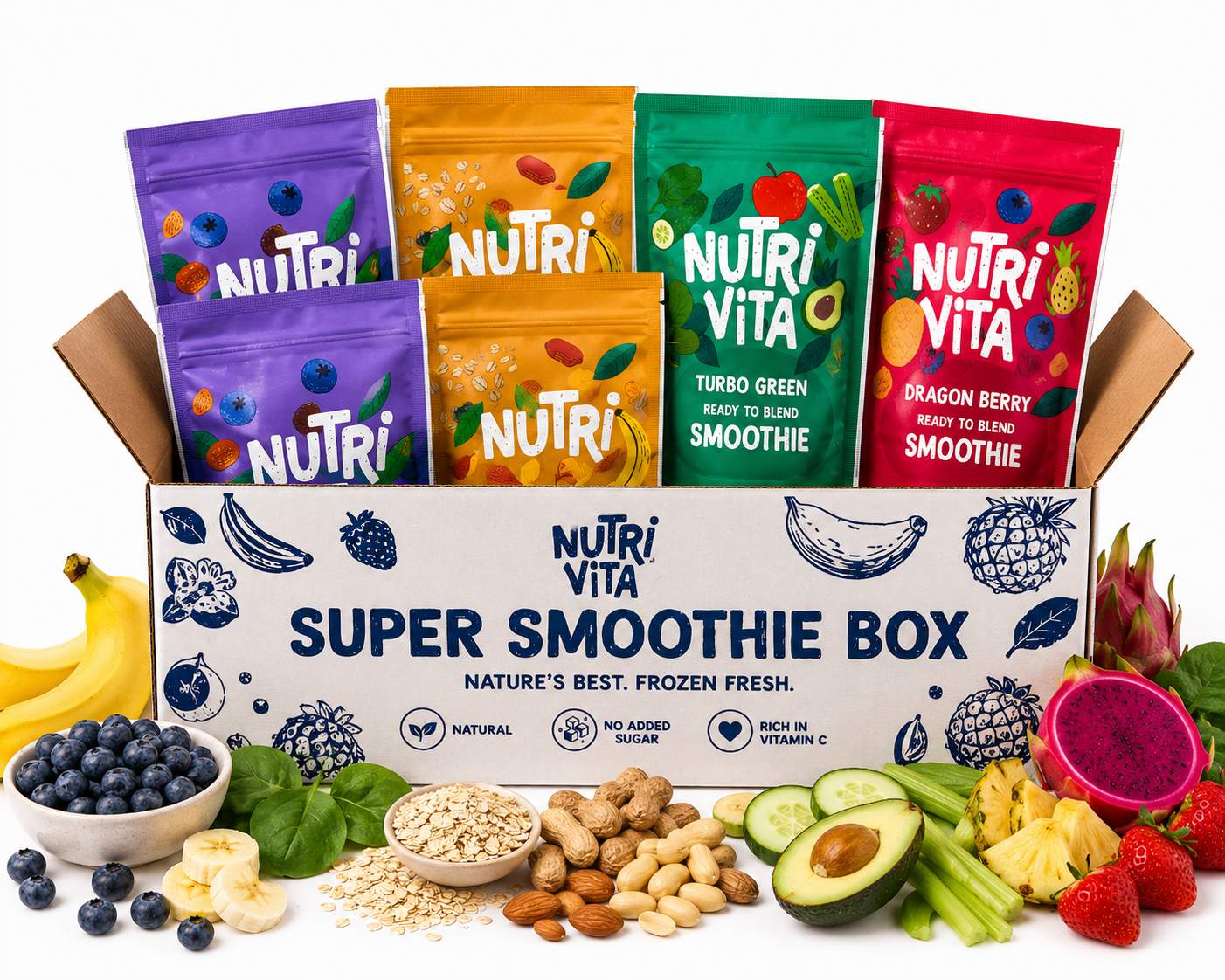 Super Smoothie Box with Nutri Vita packaging and fresh fruits and vegetables on a white background