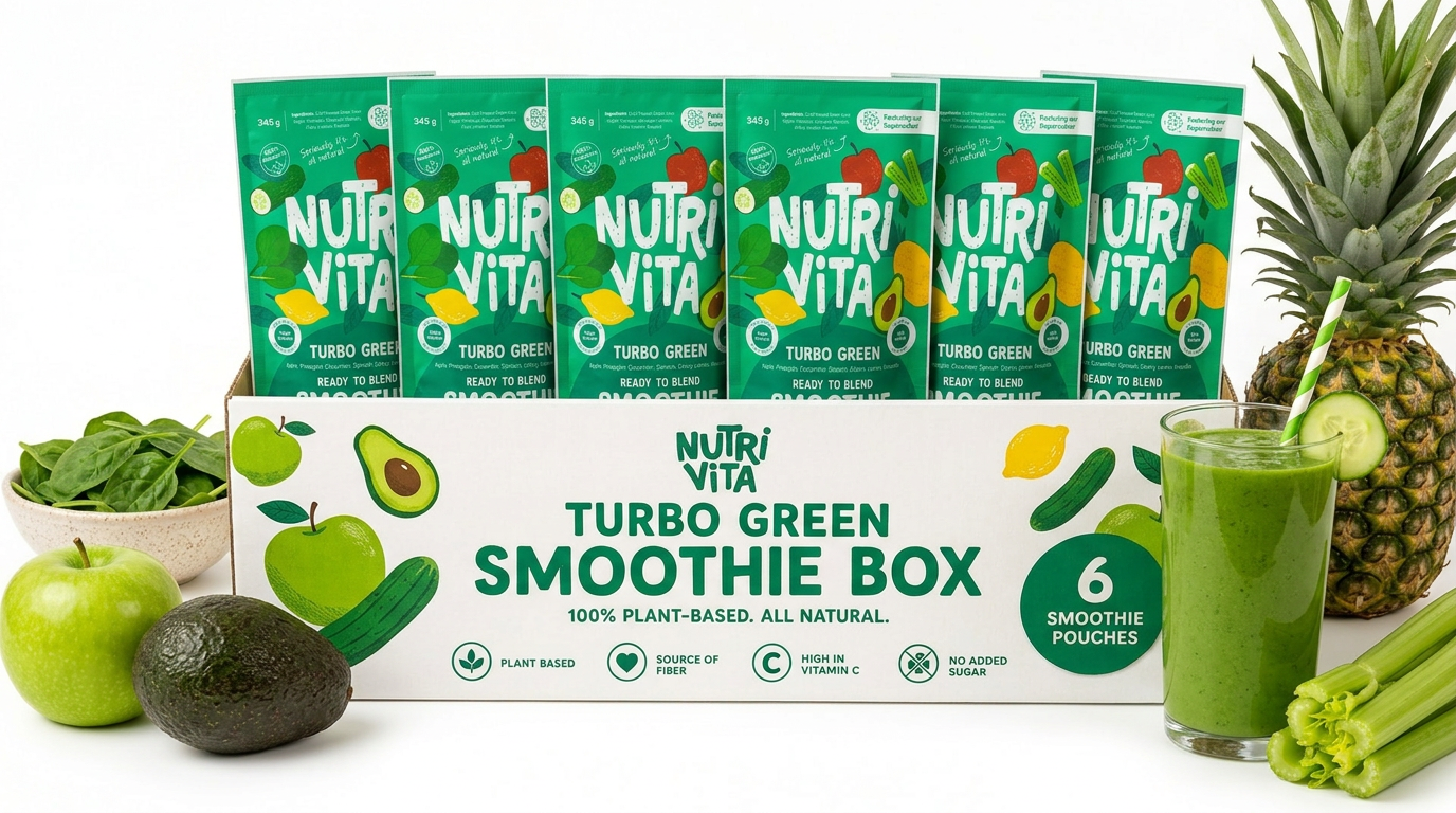 NutriVita Turbo Green Smoothie Box with smoothie ingredients on a white background