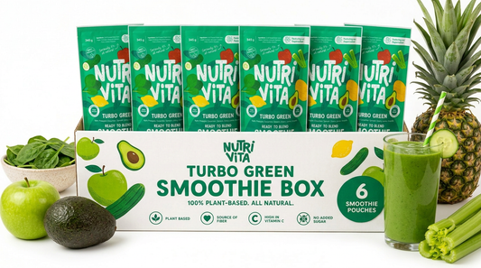 NutriVita Turbo Green Smoothie Box with smoothie ingredients on a white background