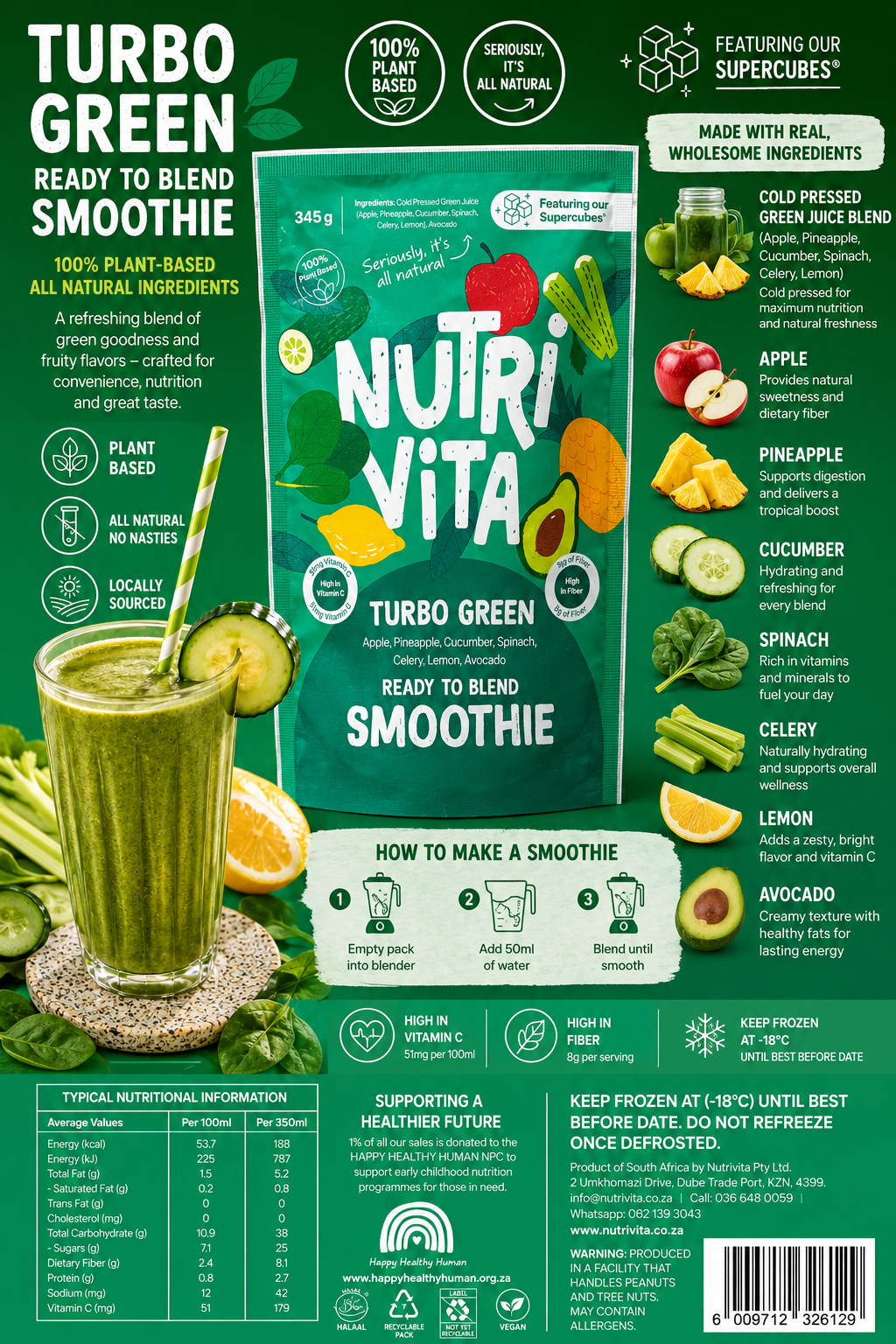 NutriVita Turbo Green smoothie package with ingredients and nutritional information on a green background