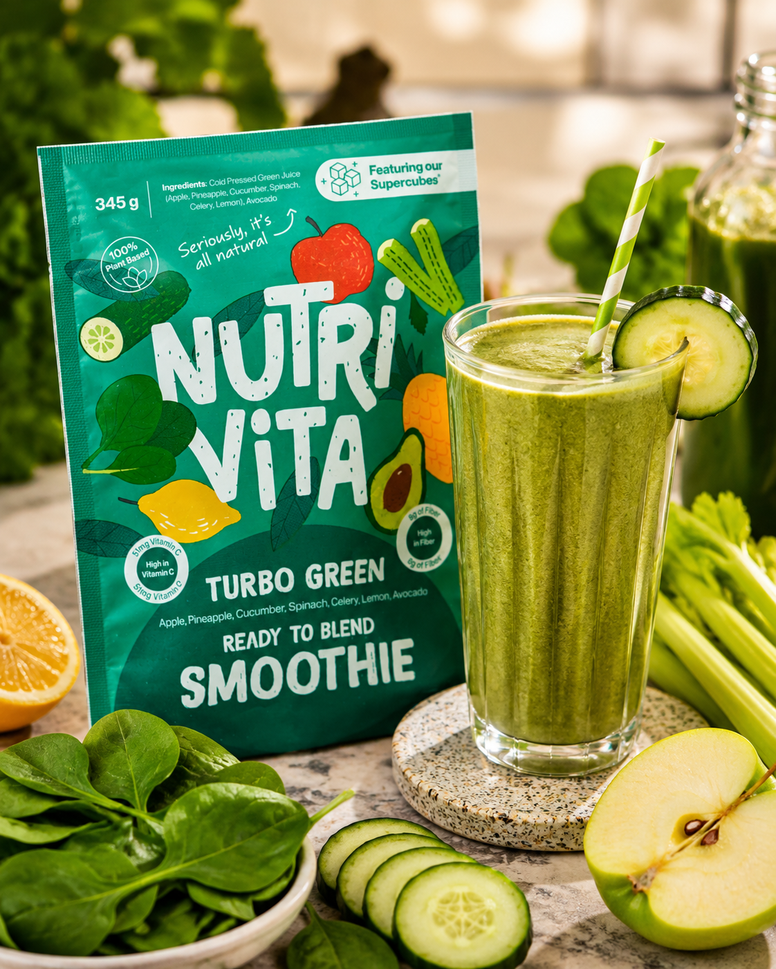 Green smoothie with NutriVita Turbo Green smoothie mix, surrounded by ingredients like spinach, cucumber, and apple.