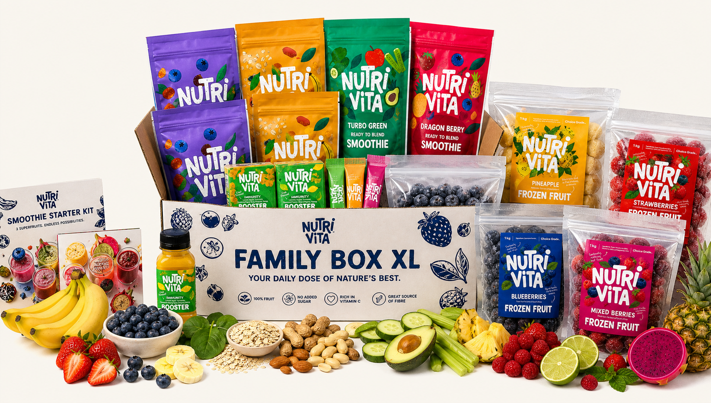 A Nutri Vita Family Box XL gift set arranged on a white background, featuring multiple colorful pouches of smoothies, frozen fruit, and a smoothie starter kit, with fresh fruits and nuts styled around the box.
